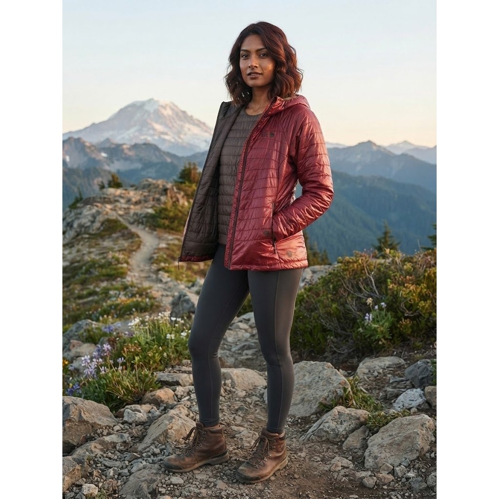 Mountain Hardwear Reversible Packable Puffer Jacket Red Brown Hooded — As-Is